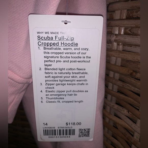 #97 NWT Lululemon Scuba Full Zip Cropped Hoodie -Strawberry Milkshake/Gold Sz 14 - Picture 4 of 4